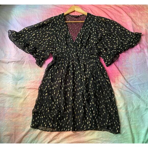 Betsey Johnson Vintage Y2K Silk Dress Kimono Angel Sleeves USA Sz 4 Silk Lurex - Picture 2 of 6